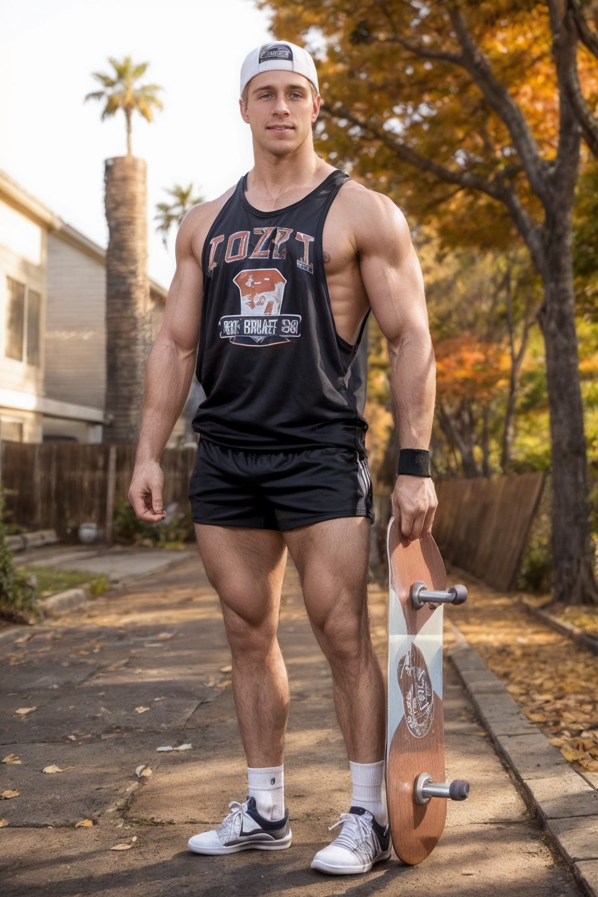 photo of male sc_abe  <lora:sc_abe-06:0.75> posing outdoors in an alleyway during fall, wearing a sleeveless graphic t-shi...